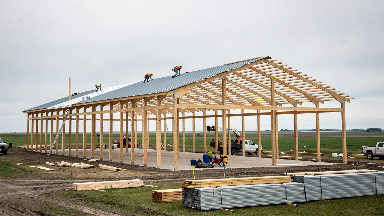 Barn being built with post-frame construction