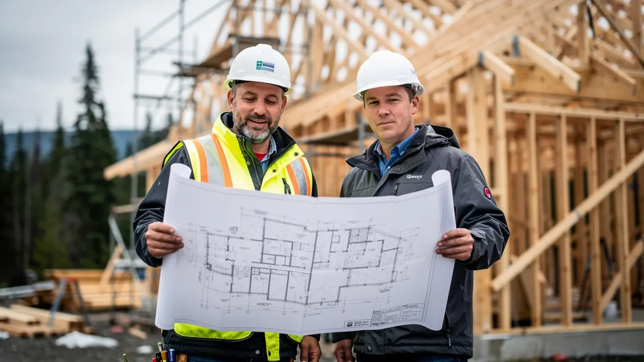 Builder and client reviewing plans at construction site