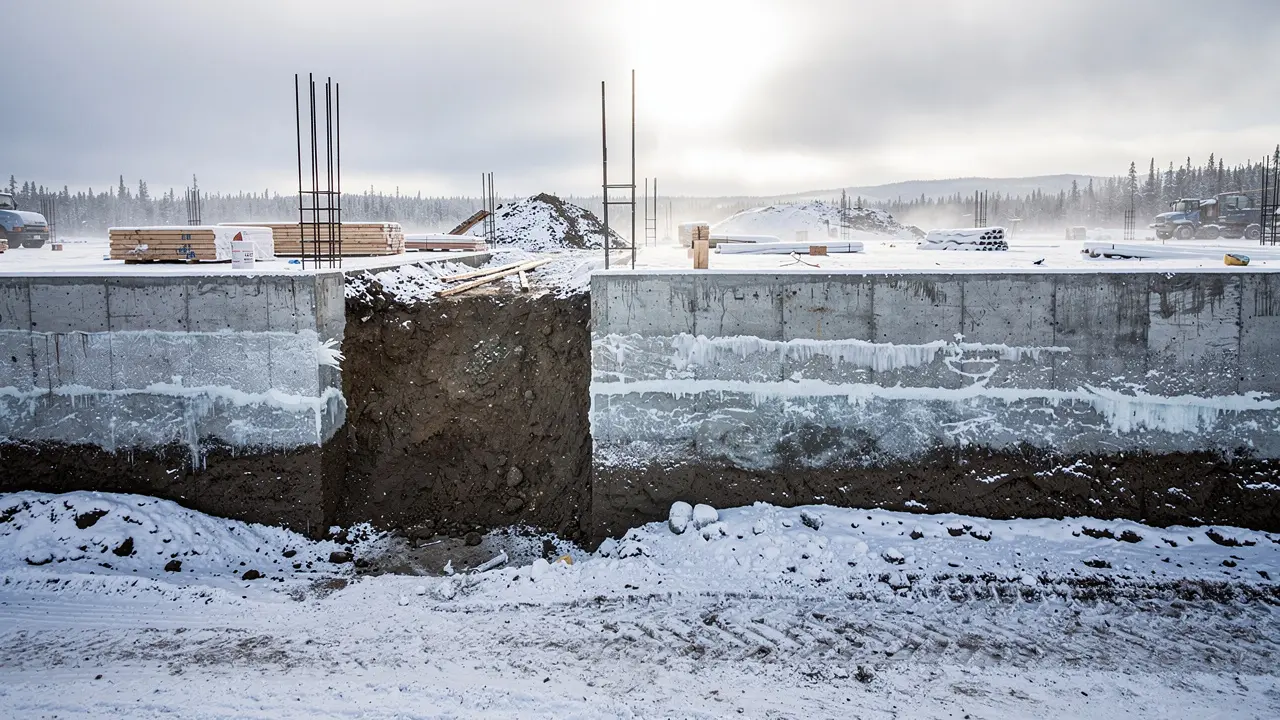 Frozen ground and foundation in winter