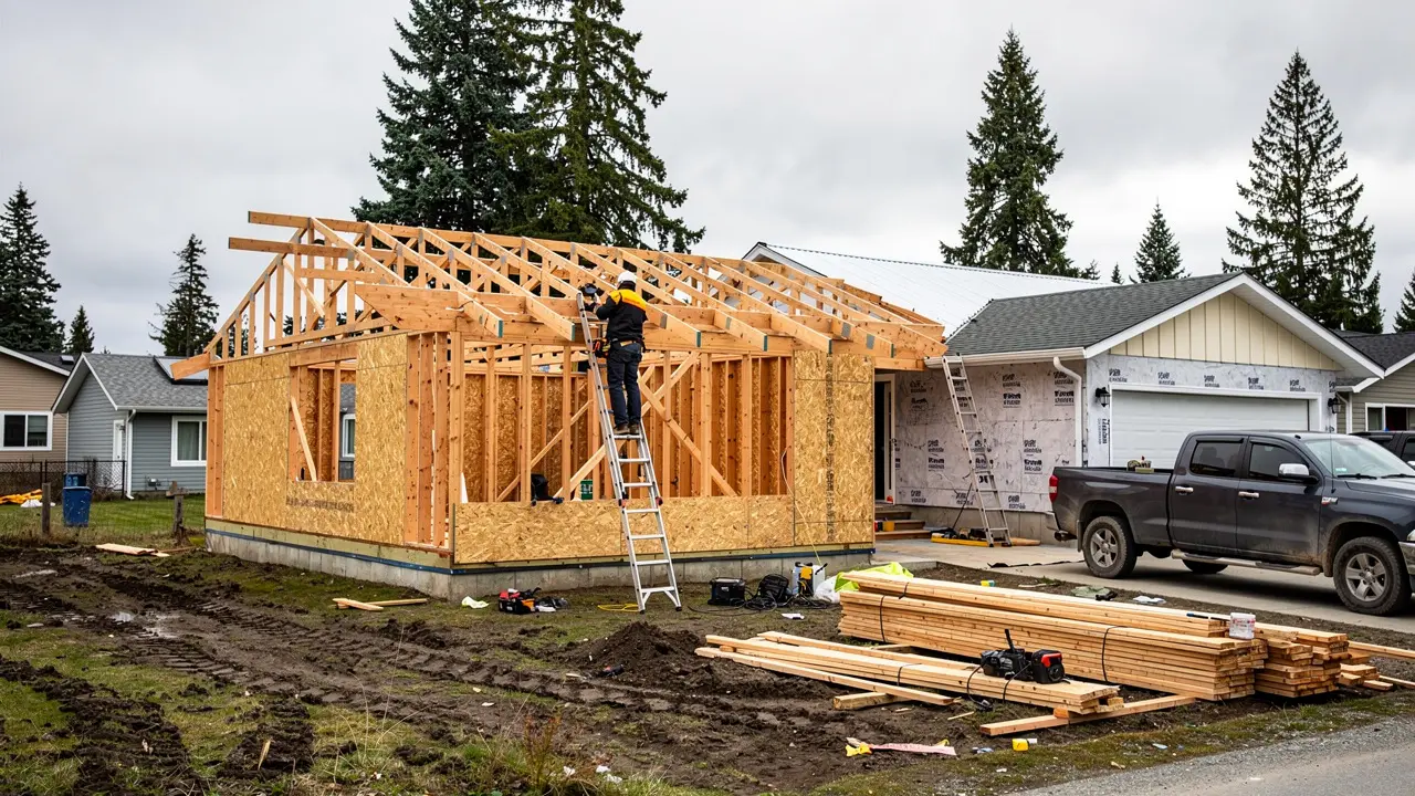 Home addition being framed in northern BC