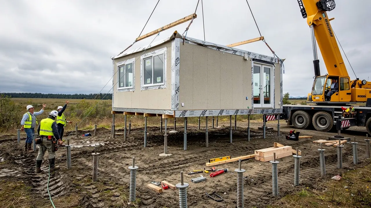 Modular home being set onto foundation