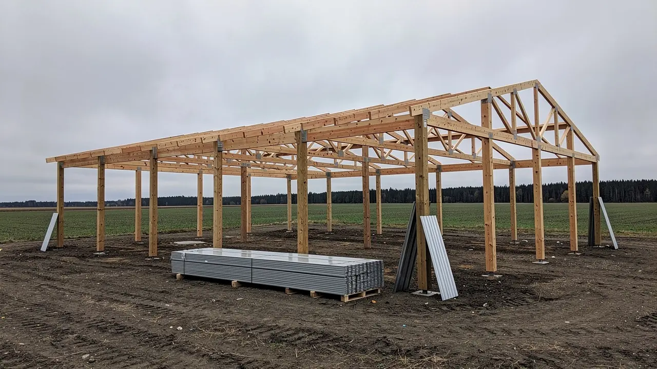 Post frame building structure on farmland