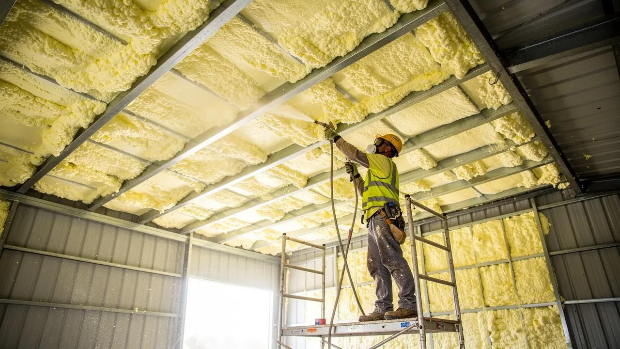 Spray foam insulation being applied to shop ceiling