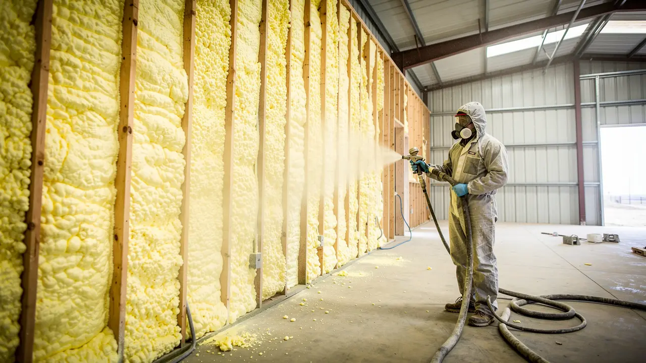 Spray foam insulation being applied in a shop